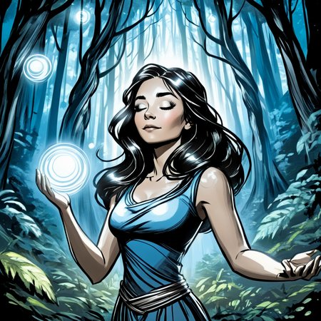 <lora:Azure_Sketch_Illustration:1>  ArsMJStyle, AzureSketch, Mystic Forest, A woman with dark hair stands in a forest surrounded by glowing orbs. Her eyes are closed, hands lightly touching, deep in meditation.1girl, solo, long hair, dark hair, glowing orbs, forest, ancient trees, meditation, nature, mystical, serene