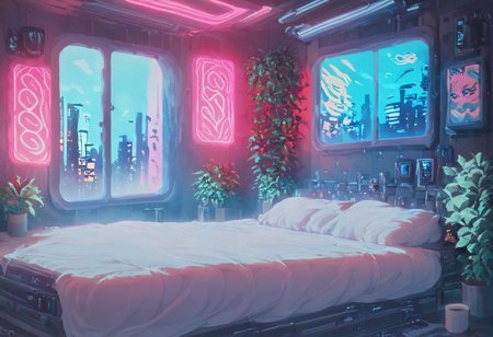 score_9,score_8_up,score_7_up,score_6_up, 
steaming coffee cup on windowsill, plants on the windowsill, wall of plants, monstera plant, large plant, tidy bedrrom, small room, cramped bedroom, teddies on the bed, cyberpunk city view out of the window, neon light, purple neon lights,