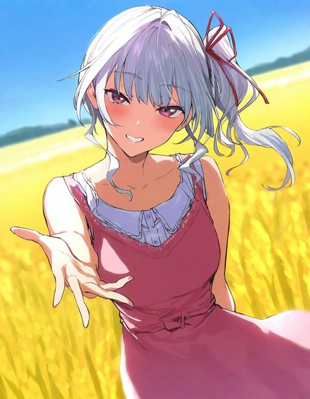 masterpiece, best quality,highres,newest,safe,1girl,hatsukoi_jikan_-_anri, long_hair,head tilt,sliver hair, hair_ribbon, side_ponytail,medium breasts,purple eyes,wheat_field,outdoors,pink sundress,collarbone,(sleeveless:1.2),hand behind back,(outstreched arm,reaching_towards_viewer :1.3),dutch angle,smile,teeth,blush,solo<lora:hatsukoi_jikan_-_anri_il:0.7>