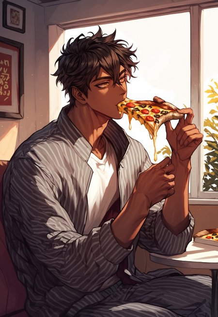 score_9, score_8_up, score_7_up, anime, best quality, 1male, short hair, black hair, brown hair, hair between eyes, golden eyes, bright eyes, brown skin, handsome, brown eyelashes, long eyelashes, Roman nose, toned,
,
, 
dynamic pose, character design, calm look, calm,
,
,
cowboy shot, indoors, restaurant, sitting, pizza, eating pizza, joy, happy, cheese strings, open jacket, jacket, loose-fitting T-shirt, gray pants, tiger stripes,
