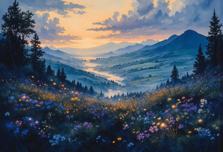 A breathtaking, mystical landscape at dusk. In the foreground, a dark wildflower meadow sways gently in the evening breeze, its blossoms glowing faintly in the fading light. Beyond the meadow, an endless expanse of rolling green hills stretches into the distance, carved by winding rivers that shimmer like silver threads. A deep valley nestles between the hills, where ancient trees rise, their silhouettes softened by the golden haze of twilight. The sky above is a masterpiece of dense, dramatic clouds, illuminated from within by the last light of the setting sun, casting ethereal beams that bathe the land in an otherworldly glow. cpstyle, dfmstyle, Studio Ghibli Dark Fairytale, lndscpx