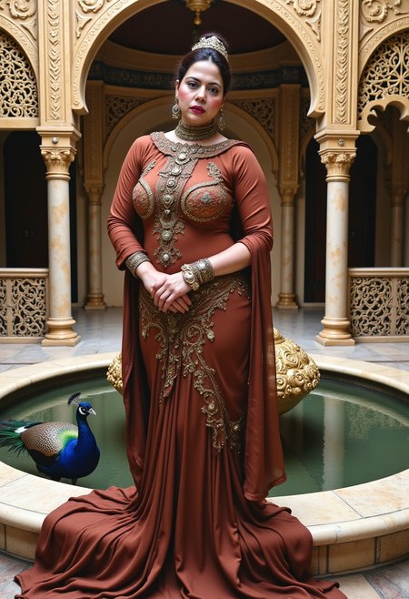 A beautiful sexy brunette goddess Persian Belly dancer supermodel face with large breasts, perfect body and transparent silk outfit, she is in an ornate ancient Persian palace courtyard with a large ornate fountain in the center and a peacock with feathers spread out in the background. The palace is full of ornate Persian mosaic tiles and lattice window covers all around.