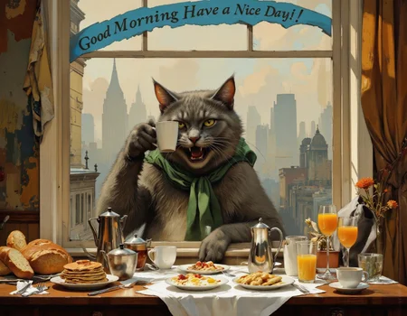 <lora:bear:1>, This image is a digital painting depicting a whimsical, surreal breakfast scene. The central figure is a large, anthropomorphic gray cat with a playful, mischievous expression, standing menacingly on the windowsill. The cat has a green scarf around its neck and is holding a coffee mug in its left paw. Its right paw is extended towards the table, as if reaching for something., 
The table, positioned in front of the window, is cluttered with breakfast items. On the left side, there are two loaves of bread, a coffee pot, and a teapot. In the middle, a stack of pancakes with syrup and a plate of scrambled eggs are arranged neatly. On the right side, there are two orange juices, one in a glass and the other in a mug. A white cloth is draped over the table, and a blue banner with the text "Good Morning, Have a Nice Day" hangs above the window., 
The background reveals a foggy, misty morning scene with a city skyline visible through the window. The colors are warm and inviting, with a mix of browns, greens, and oranges dominating the scene. The style of the painting is vibrant and expressive, with a touch of fantasy and whimsy.
