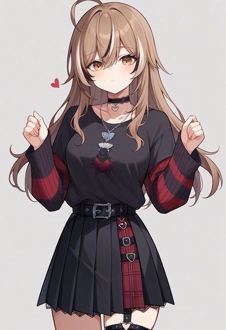 score_9,score_8_up,score_7_up,score_6_up,score_5_up,score_4_up,
1girl, nanashi mumei, long hair, ahoge, black lace-trimmed choker, heart pendant, black t-shirt, short over long sleeves, sweater under shirt, striped sweater, necklace, black skirt, pleated skirt, half-skirt, black belt, o-ring thigh strap, red skirt, plaid skirt, breasts,
simple background, grey background, cowboy shot, solo, looking at viewer,
<lora:mumeiponyxl1:1>