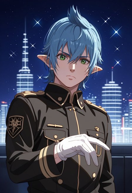 ffxv style, 1boy, male focus, 1boy, white gloves, gloves, detailed background, short hair, blue hair, long anime sideburns, hair between eyes, bishounen, very long pointed ears, green eyes, red sci-fi military uniform, furrowed brow, looking at viewer, cityscape, night, night sky green eyes, source_anime, sparkle, dynamic, anime coloring, 2d, flat coloring, cel shading, cel shaded, score_9, score_8_up, score_7_up, score_6_up, score_5_up, score_4_up
