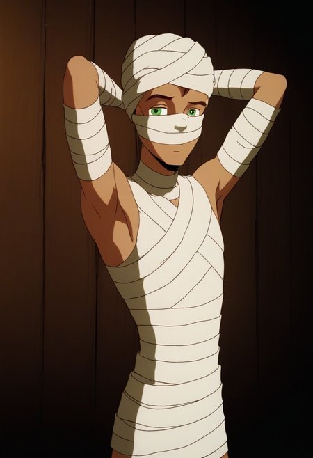 ((masterpiece)), ((best quality)), ((ultra-detailed)), 1boy, Presley Carnovan, male focus, 1boy, solo, green eyes, dark skin, Forehead Mark, score_9_up, score_8_up, score_7_up, HD, top quality, best quality, High-quality illustrations, anime screencap, perfect anatomy, 1boy, solo, handsome, cute, attractive, sexy, tall, tall body, tall height, lean body, fit body, slim body, slim waist, bandages, sleepy, joyful, flattered expression,  cute winking, hand behind head, armpit, showing armpit, bedroom, <lora:mummy-costume-ponyxl-lora-nochekaiser:1>, mummy costume, bandages, halloween costume, bandaged arm, zombie pose, bandage on face,