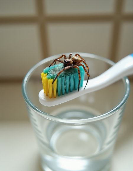 A spider sitting on the bristles of a toothbrush. The toothbrush is resting in a glass that is sitting on the sink in the bathroom.
<lora:Flux Detailer_epoch_3:0.8> Jed-dtl