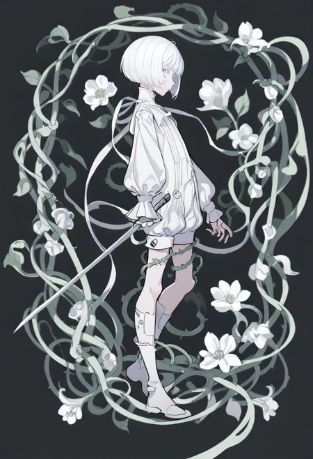 <lora:yoneyamaiXL_il_lokr_V53P1:0.95> short hair, solo, androgynous, 1other, black background, white hair, weapon, sword, flower, amputee, other focus, from side, holding, looking at viewer, long sleeves, puffy sleeves, plant, full body, simple background, holding weapon, holding sword, shorts, vines, white eyes, white shirt, ribbon, bob cut, colored eyelashes, profile, shirt, white flower, puffy long sleeves, short jumpsuit, blue eyes, eyelashes, wide sleeves, sideways glance, severed limb, standing
