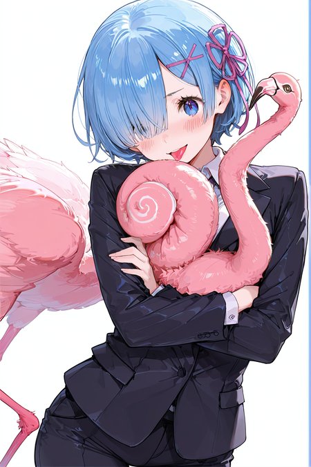 masterpiece, best quality, beautiful detailed supreme quality color intricate, a girl, teen, detailed eyes, GIRL FOCUS, FOCUS ON GIRL, <lora:DetailedEyes_V3:1> <lora:USNR_STYLE_ILL_V1_lokr3:1> usnr, <lora:illustrious_quality_modifiers_masterpieces_v1:1> dynamic pose, face, <lora:DynamicPoseIL2att_alpha1.0_rank4_noxattn_900steps:1> dynamic pose, cowboy shot, close-up shot of an alluring slim Croatian (furry, 1girl, solo, Flamingo Tongue Snail:1.3) , suit, Crossed arms, Illustration, pov, Colorless, Well-visualised, 1girl 90 solo 90 blue hair 90 rem (re:zero) 90 hair ornament 87 short hair 85 hair over one eye 85 x hair ornament 84 blue eyes 80 76 blush 75 ribbon 70 hair ribbon <lora:Rem_Pony:1>, cool colors, very inspirational, vivid colors, beautiful detailed, magnificent, highly detail