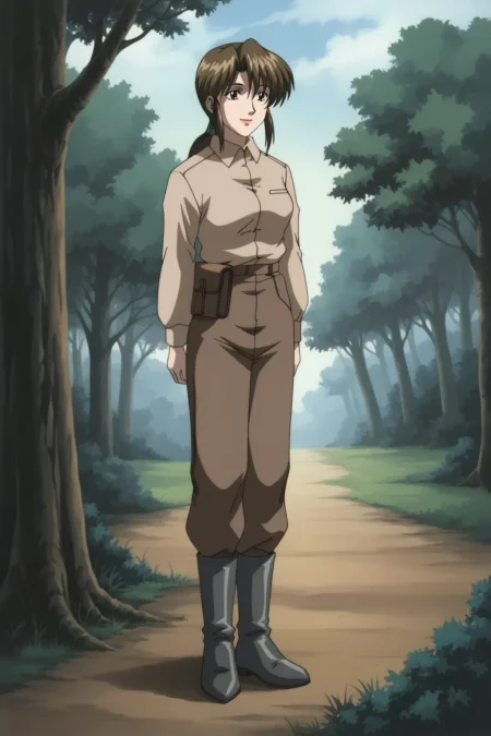 score_9, best, masterpiece, uncensored,
forest,
1girl, solo, 1990s (style), retro artstyle, official style, smile,
ShinjinTourConductorRina,
RinaPantsOutfit, low ponytail, light brown collared shirt with long sleeves, brown pants tucked in footwear, front-left facing brown fanny pack, black ankle hiking boots,  hair tube grey tie,
<lora:ShinjinTourConductorRina_V4:0.8>​​​