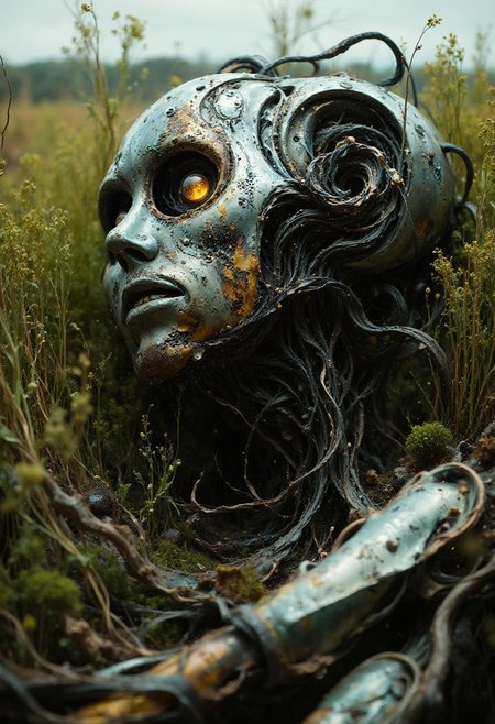 a digital painting of in the style of simon-stalenhag An abandoned, retro-futuristic Close-up of the Broken humoniod Robot lying in the middle of the field, partially covered by tall grass. Its metallic body is dented and weathered, with wires hanging loosely from its joints. The robot's eyes, once glowing, are now dim and cracked, abandoned The details emphasize rust, scratches, and the integration of nature reclaiming the machine, with moss growing in the crevices of the robot's frame.