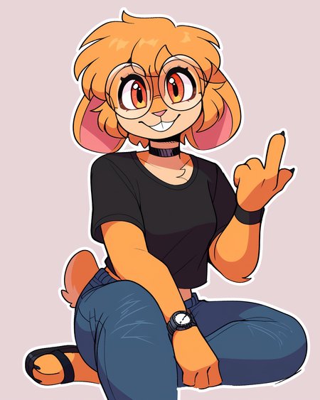 score_9_up, score_8_up, score_7_up, score_6_up, by remanedur, half-length portrait, short hair, furry female, female, furry, rabbit, round eyewear, glasses, wristband, wristwatch,  animal ears, black choker, looking at viewer, solo, smile, happy, gesture, three-quarter view, head tilt, black shirt, t-shirt, midriff, jeans, tail, sandals, simple background, white outline, <lora:Leah_Pines(AIM)_XL_v1:0.25> <lora:PDXL_artist_tags_v2_big:0.5> <lora:The-Minuscule-Task_PDXL_v1.0:0.6>  <lora:Carol_Drawligator:0.5>