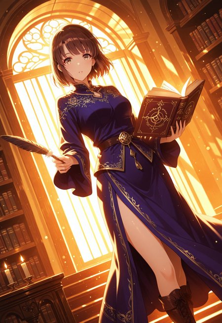 safe_pos, 1girl, solo, Megumi <lora:IL-KatoMegumi:0.8>,brown hair,katou megumi,brown eyes,medium breasts,short hair, 

dynamic view, dutch angle, dynamic angle, cinematic framing, (digital painting:0.8), auralora, (aura:0.2), mythp0rt, bokeh, (luminescent background:0.8), grand magical library, seated on a floating book, thigh high slit sorceress robe with intricate embroidery, open spellbook, enchanted quill, dim candlelight, shelves filled with ancient books, floating crystal orbs, soft magical glow, knee high boots, mysterious and academic atmosphere, looking at viewer,

elegant, masterpiece, best quality, highly detailed, high contrast, dramatic shadows, raytracing, subsurface scattering,((detailed eyes, good fingers))
