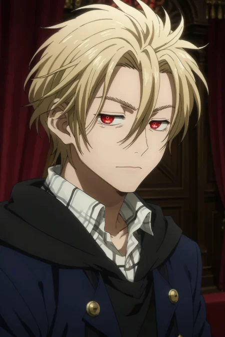 score_9, score_8_up, score_7_up, source_anime, rating_safe, , anime screencap, anime coloring, official style, looking at viewer, , 1boy, solo, male focus, <lora:king_of_despair_kekkai_sensen_pony:0.86>, king_of_despair_kekkai_sensen, blonde hair, red eyes, short hair, hair between eyes, symmetry, times square, indoors, light, twisted torso, speaking, talking, greek costume, <lora:sdxl_lightning_8step_lora:1>