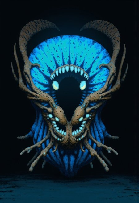 b3rs3rk first person d4concept pov, 3D01S, simple background d4artstyle atmospheric and powerful MikeFranchinastyle dark fantasy, natural organic and first person pov of a berserk style creature A Tsutomu Nihei style 
 deep-sea eel creature with biomechanical aesthetic, translucent ghostly-blue flesh revealing internal structures. Enormous circular maw filled with concentric rings of crystalline teeth, multiple rows deep. Massive lidless eyes with bioluminescent glow, surrounded by broad fin-like sensory organs resembling gothic architecture. Serpentine body with segmented bone-like plating and ethereal membrane fins undulating along length. Vestigial arms ending in sharp bio-mechanical pincers, legs with six webbed claws emerging from scaled hide. Skin texture transitions between translucent blue membrane and armored plates with muddy brown base and intricate patterns of black and tan speckles. 
UHD letterboxed game trailer frame chromatic aberration dark atmosphere sharp masterpiece with a focus on the character, elden ring style, dark atmosphere, chromatic aberration