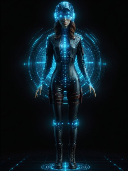 woman,  <lora:Neon_Cyberpunk_SDXL:1> holodrift, dark background, (masterpiece:1.2), best quality