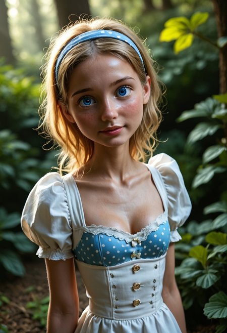 ((Masterpiece, Best Quality, Highres:1.2), RAW photo, 8K, HDR, source photo, photorealistic, , volumetric lighting,  high quality, intricate delicate,natural, Fixhand, Expressiveh, (detailed skin:1.2), a woman, 20yo, medium breasts, side view, upper body shot, 1girl, cute, petite, small nose, freckles, 1girl, solo, AliceWaifu, blonde hair, blue eyes, white apron, blue mini dress, white petticoat, puffy sleeves, white stockings thigh high, hairband, cleavage, small breasts, petite, (18yo:1.6), (adorable:1.4), (cutest:1.4), (cute:1.4), (petite:1.4), (youthful:1.4),dynamic lighting, from side, dynamic angle, dynamic lighting, blurry background, very aesthetic, emotive, nostalgic, clear eyes, detailed eyes, polka dot mushroom forest background, cleavage, breasts burst, delicate depiction, detailed background, Impressive, beautiful, fascinating, attractive, fine detail, perfect, sharp focus, professional, expressive, extremely complex, stunning, fantastic, marvelous, excellent composition, amazing atmosphere, sharp details, flawless, perfect anatomy, scenic, Ultra-high resolution, perfect anatomy,