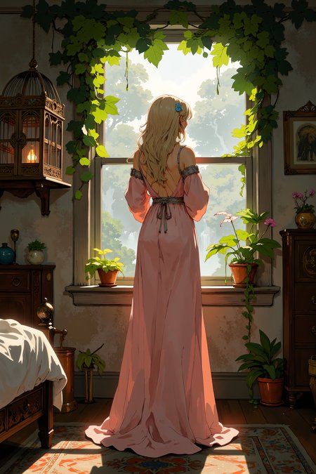 A young woman with long, wavy blonde hair, standing at the threshold of a window. She is dressed in a flowing, light pink gown that drapes elegantly down to the floor, creating a soft, ethereal aura. Her back is to the viewer, and she gazes out the window, her expression calm and contemplative.The room is bathed in natural light, streaming through the window, which is framed by lush green leaves and vines. The window's glass is slightly misted, suggesting a gentle breeze or dew. The light filters through the leaves, casting a soft, golden glow on the woman and the room.To the left of the window, a large, ornate birdcage hangs on the wall, adding a touch of whimsy to the scene. The cage is empty, but the metalwork is intricate, with delicate filigree patterns. The room itself is decorated with a mix of vintage and rustic elements. A bed with white, rumpled sheets is visible on the left, and a patterned rug lies beneath it. Potted plants and a few scattered leaves add a touch of nature to the otherwise elegant, serene setting.<lora:XRSTYLE_FLUX:0.6><lora:Let_It_Blaze_in_Crimson_anime_v1.0:0.5><lora:Anime v1.3:0.5>