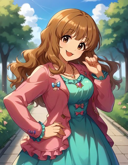 score_9,score_8_up,score_7_up,1girl,solo,cowboy shot,looking at viewer,smile,open mouth,hand on hip,outdoors,
<lora:moroboshikirari_ponyXLV6:0.8>,cgmkr,
brown hair,long hair,brown eyes,
necklace,cyan dress,pink short jacket,bow,frills