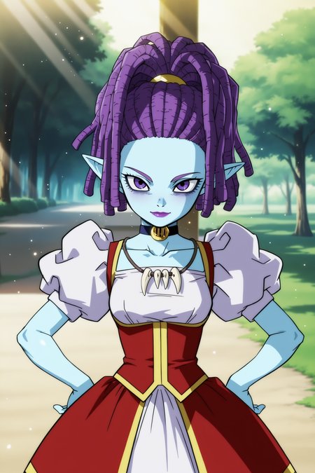 anime screencap, masterpiece, best quality, amazing quality, very aesthetic, absurdres,  newest, (scenery, volumetric lighting), official style, dappled moonlight, light particles, light rays,
mackidbs, official style, 1girl, solo, purple eyes, purple hair, choker, pointy ears, day, sunlight, eye bags, lipstick, blue skin, gold trim, purple lips, dreadlocks, white undershirt, tied hair, tooth necklace, puffy short sleeves, red dress, hands on hips, looking at viewer, scrunchie, eyelashes, eyebrows, collarbone,
 <lora:DBS_Girls_Pack_2_IL:0.8>