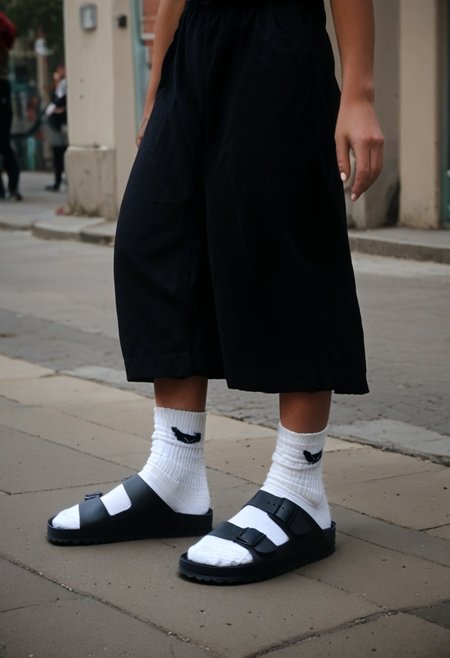 scksnsndls, birksonsocks, gwen_stacy, solo, outdoor, city, standing, socks, full_body, realistic, dunamic_pose, walking