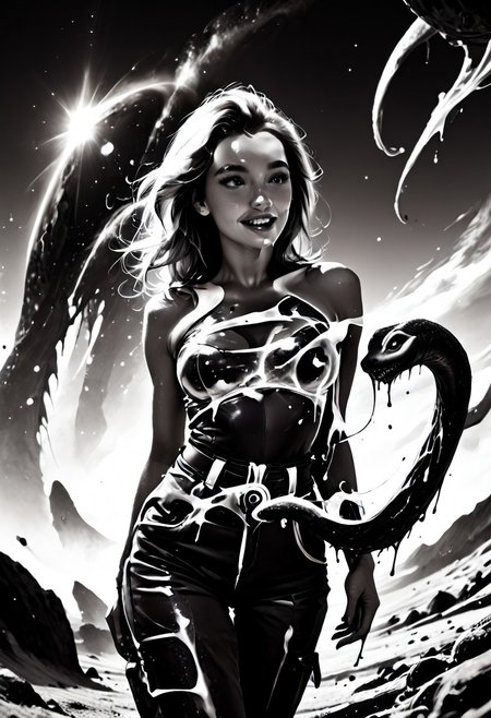Space biologist exploring alien fauna, 
score_9, score_8_up, score_7_up, Realistic, cinematic shot, selective color, monochrome background, grayscale, 4k, Gadget, side view,
(((Girl petting an alien, hetero, cross-species, inter species, interspecies, hand on alien’s back, curious, pet kangaroo ))), 
18yo, blonde, red front highlights, wide face, perfect face, stunning, breathtaking face, detailed face, perfect teeth, expressive eyes, extremely cute, medium boobs, round stomach, sexy, partial nudity,
Pear-shaped figure, short female, stocky, perfect round butt, wide hips, narrow waist, strong legs, thick thighs, long legs, short torso, narrow shoulders, 
Work clothes, space mechanic outfit, thick cargo pants, midriff, 
(1boy, large alien, muscular animal, cute alien, alien species, strong animal, non-humanoid, slime, chitin, antennae,  tentacles, touching girl),
Detailed background, black and white background , alien desert, alien desert flowers, alien fauna, impossible landscape, two moons, outdoors, open space, 
highres, absurdres, in focus, hetero,
easynegative, CyberRealisticPony_POSV1, Stable_Yogis_PDXL_Positives, negative_hand, ALRGFC, alluring face, realistic, Gadget, SelectiveColorStyle, 1colorpop, 2colorpop