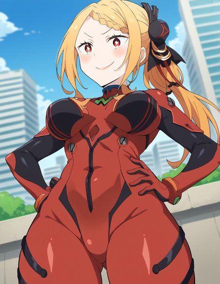 score_9, score_8_up, score_7_up, source_anime, <lora:priscilla-barielle-s3-p1-ponyxl-lora-nochekaiser:1>, priscilla barielle, long hair, blonde hair, red eyes, braid, single braid, braided bangs, one side up, large breasts, bright pupils, white pupils,, <lora:souryuu-asuka-langley-cosplay-ponyxl-lora-nochekaiser:1>, souryuuasukalangleycosplay, souryuu asuka langley (cosplay), bodysuit, pilot suit, plugsuit, red bodysuit, interface headset,, cityscape, smile, blush, hands on hips,, , dutch angle, cowboy shot