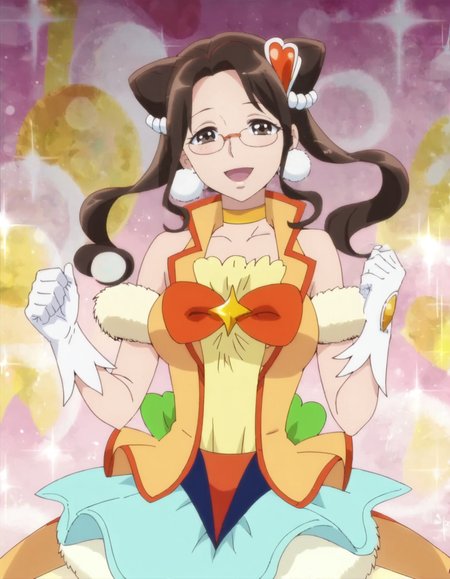 score_9, score_8_up, score_7_up, anime screencap,1girl, solo, cone hair bun, glasses, brown hair, gloves, solo, magical girl, choker, open mouth, hair ornament,  smile, white gloves, long hair, looking at viewer, hair bun, blush,brown eyes, skirt,large breasts,milf,free hands,<lora:kusakaorie:0.9>