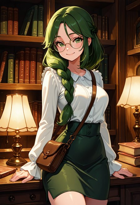 masterpiece, best quality, 1girl, solo, eyelashes, (beautiful eyes), narrow waist, smile,    [Library Noir Aesthetic], zzCheryl, green eyes, single braid, hair over shoulder, long coat, pencil skirt, blouse, round glasses, leather satchel, vintage lamp, stacks of old books, warm shadows â zzCheryl sits at a wooden table surrounded by towers of antique books, the soft golden light of a desk lamp casting elongated shadows. Her satchel rests at her side, and her braid slips over her shoulder like a bookmark between time periods. Her green eyes dart across the page with focused intensity, a mystery herself amid the scent of ink and dust.  ,<lora:CherylPokemon_IXL_v2:0.8>,   <lora:CoutureCraze_IXL:0.7>,