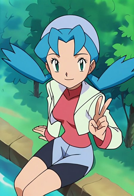 Score_9, score_8_up, score_7_up, score_6_up, source_anime, anime_screencap, anime_coloring, highres, rating_safe, official style, BREAK,
PKMNMarina, 1girl, twintails, hat, blue hair, bangs, green eyes, white jacket, jacket, shirt, cropped jacket, red shirt, long sleeves,  bike shorts, open clothes, eyelashes, open jacket, white headwear
solo, sitting, above view, peace sign,bsmile, looking at viewer, forest, tree