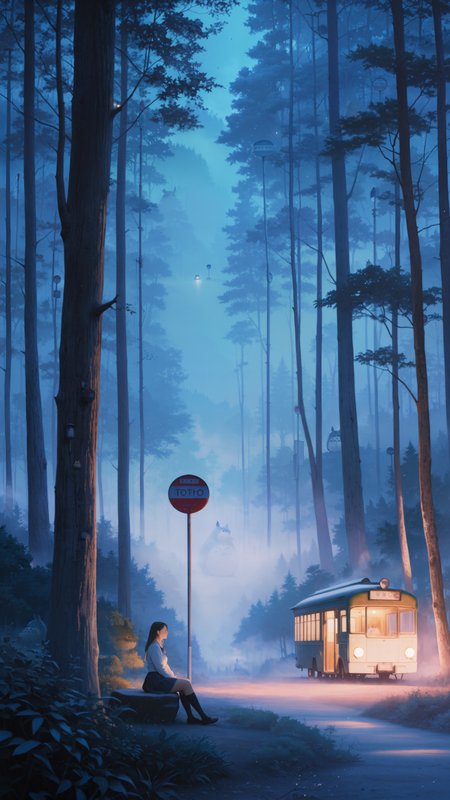 masterpiece, best quality, absurdres, realistic, masterpiece, sumi-e, realistic, volumetric lighting, pastel colors, watercolor pencil \(medium\),
1adult woman, school uniform,  totoro_bus_stop, sitting, nature, bushes, forest, fog, massive tree, relaxing, upper body, dark, by night, moonlight,