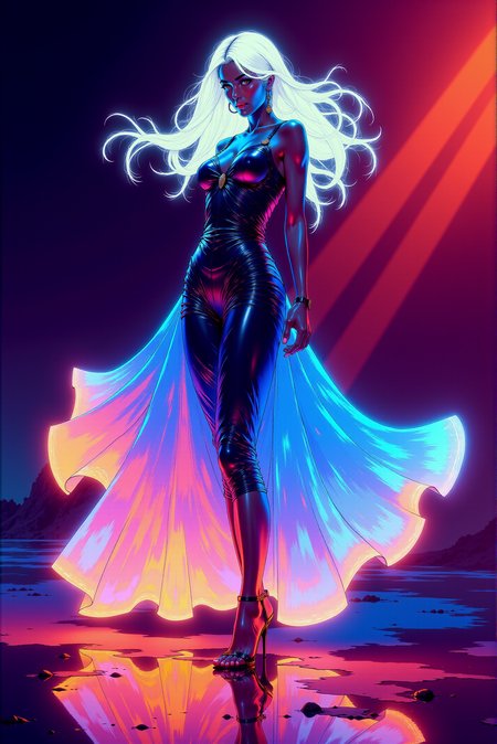 Glo-fi Art Style, A digital painting featuring a semi-realistic beautiful shapy young Italian female character Sofia standing close gracefully in aesthetic_pos3, her glowing long hair flowing in soft waves as if moved by a gentle breeze. She wears a long sleek flowing dress that appears to glow brightly in shades of flashy indigo at the top and hair, day-glo blue in the middle and glowing indigo bottom of the hem, creating a vibrant gradient of luminous colors against a very dark hues gradient background. Very dim lighting, dark environment. The woman stands barefoot, her reflection is clearly visible on the perfectly clean reflective surface below her, which glows faintly the colors of her dress. Her body posture is confident and elegant. Her expression is calm with a gentle smile. The overall neon lighting effect and the soft yet vibrant color transitions create a futuristic and dreamlike atmosphere., dynamic, dramatic, vibrant colors, glo-fi art style.  <lora:DGLO_style_v.6:0.8>