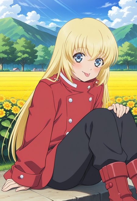 village, outdoor, trees, flowers, clouds, day,
BREAK,
tongue out, blush,
cowboy shot, sitting,
BREAK,
<lora:coletteX2_illustriousXL_v07:0.9>
colettedef, blonde hair, blue eyes, long hair,
red jacket, long sleeves, oversized clothes,
black pants, red footwear, red boots,, source_anime, very aesthetic, anime coloring, masterpiece, 
best quality, amazing quality, ultra detailed, very aesthetic, 
detailed background, 
BREAK,