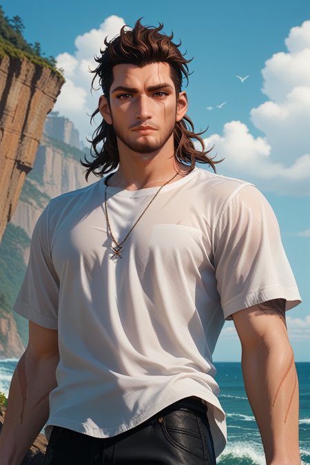 score_9, score_8_up, score_7_up,
<lora:FFGladiolus:0.8>
FFGladiolus, 1boy, brown hair, brown eyes, beard, scar, looking at viewer, standing on a cliff overlooking the ocean, wearing a flowing white linen shirt, wind blowing dramatically, powerful waves below, ethereal and majestic