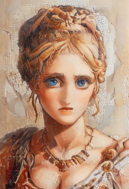 Roman mosaic of,  score_9, score_8_up, score_7_up, rating_questionnable, 18yo beauty czech girl,  solo, dynamic pose, blonde hair, (half updo), blue eyes, lips, collarbone, big tits, cleavage, necklace, jewelry, patterned dress, looking at viewer, indoor