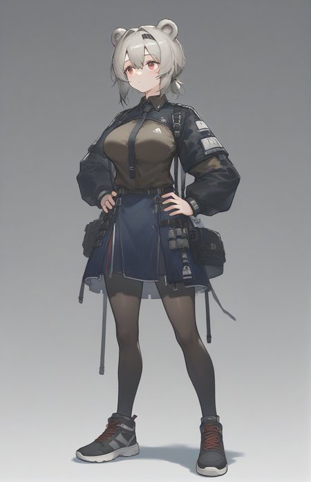 score_9,score_8_up,score_7_up,1girl,solo,light_blush,
<lora:Abstinthe-Pony-07:0.8>,
abstinthe-base,animal ears,bear ears,red eyes,short hair,brown hair,grey hair,bear girl,hair between eyes,short ponytail,large breasts,
bag,black necktie,brown shirt,black jacket,black pantyhose,blue skirt,grey hair,jacket,long sleeves,miniskirt,shoes,skirt,sneakers,rhodes island logo (arknights),
simple background,standing,hands on own hips,