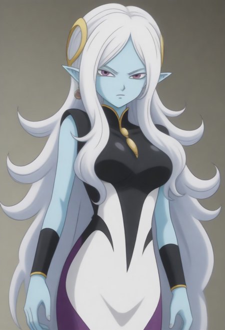 Masterpiece, Top Quality, source_anime, anime screencap, source_anime, auratheguillotine, anime screencap, masterpiece, source_anime, shiny skin,,,,towa(dragon ball), pointy ears, colored skin, blue skin, long hair, purple eyes,white hair, hair ornament, jewelry,