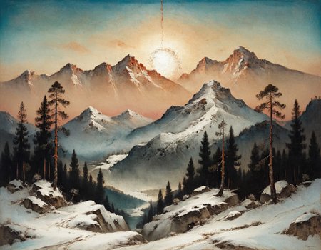 masterpiece, best quality, ultra-detailed,  elegant, snowy landscape, mountains, pine trees, distant, dusk,  <lora:add-detail-xl:0.7> <lora:xl_more_art-full_v1:0.7>  <lora:sdxl/nicola_samori_dark_art_style:0.7> in the style of Nicola Samori