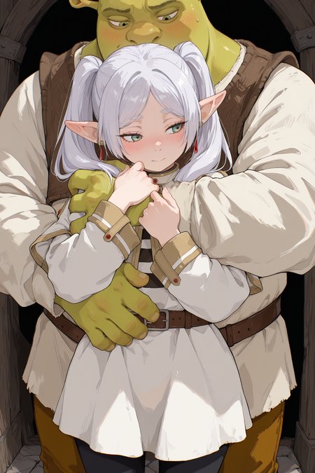 masterpiece, best quality, absurdres, highres, amazing quality, very aesthetic, 1girl, frieren, shy, blush, white_clothes, twintails, green eyes, white hair, elf, 1boy, shrek, bald, green skin, brown vest, white shirt, brown belt, pants, hug_from_behind, height_difference