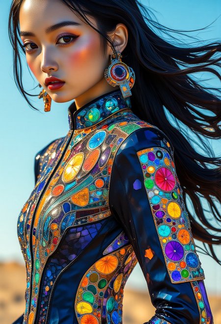 High fashion photography, a supermodel, beautiful face and eyes, TacExoGear, Exosuit, tactical gear, but subtle cybernetic enhancements that do not cover the face, A glamorous model in a futuristic rendition of traditional Chinese qipao, designed with a sleek, form-fitting silhouette and futuristic metallic fabrics. The outfit features intricate embroidery in neon threads, glowing subtly as the light reflects off the surface, leaning forward pose, Candid Emotions, from behind, looking back, straight-on, (dutch angle:0),cowboyshot, wind, floating hair, Direct Eye Contact,  <lora:RM_TacExoGear_v0.2:0.5>, midjourney_whisper_avant_couture, <lora:midjourney_whisper_avant_couture_v01:1.2>, cs-cr1stal, <lora:Crystality_Flux:0.35>, <lora:midjourney_whisper_chromaplex_v1:0.45>,  <lora:Midjourney_Whisper_AgateX_v1_epoch_20:0.45>,