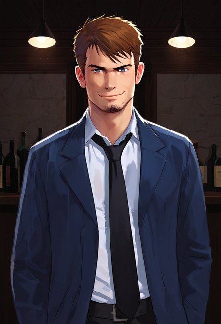 score_9, score_8_up, score_7_up, score_6_up, score_5_up, score_4_up, kyle_hyde, man, solo, brown hair, stubble, gray eyes, 34 years old, blue jacket, white collared shirt, black necktie, standing in bar, dramatic lights, looking at viewer, smirk
