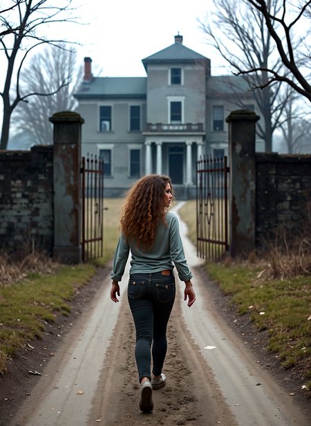 Photograph of a young woman walking down a dirt road in front of a large, two-story house. The house is painted in a light blue color with white trim and has a turret on the top. The woman is wearing a long-sleeved shirt, jeans, and sneakers. She has long curly hair and appears to be walking away from the camera. The road is lined with stone walls and there are trees on either side. The sky is overcast and the overall mood of the image is somber. <lora:add-detail-xl:.5>  <lora:Flux-style-xl-lora:.5>