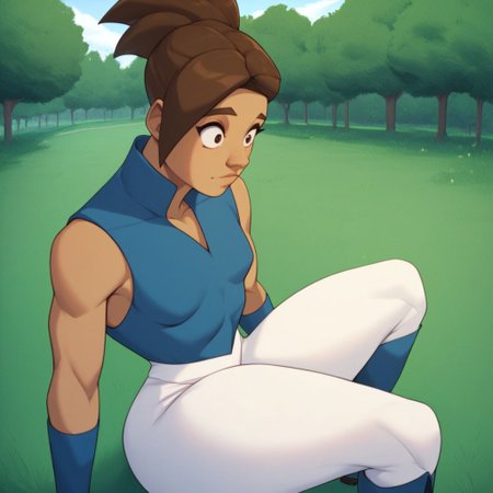 score_9,score_8_up,score_7_up,(masterpiece), best quality, expressive eyes, amazing quality, solo, 1girl, closed mouth, small breasts, boots, white pants,  brown hair, thick thighs, outside, park, gloves