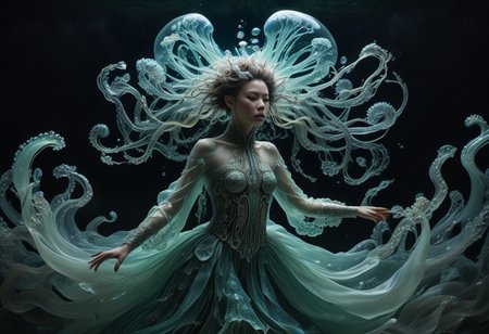 long mid shot portrait photography of an ethereal warrior, (glowing runes: 1.1), fairytale aesthetic. light green sheme, Photorealistic, intricate details, realism, sfw, ultrasharp,photography, floating, dress, water, under water, jellyfish, haute couture, tentacles, bioluminescence