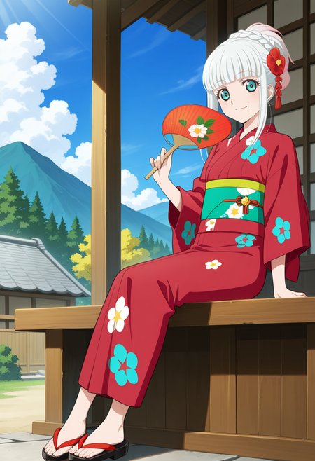 trees, village, clouds, day,
BREAK,
light smile, holding fan, paper fan, standing, white fan, sitting,
full body, dynamic angle,
BREAK,
<lora:lailahI_illustriousXL_v04:0.9>
lailahrnd, gradient hair, silver hair, aqua eyes, blunt bangs, tied hair, sidelocks, short hair, braid, 
lailahykt, red yukata, green sash, floral print, 
geta,, source_anime, very aesthetic, anime coloring, masterpiece, 
best quality, amazing quality, ultra detailed, very aesthetic, 
detailed background, 
BREAK,