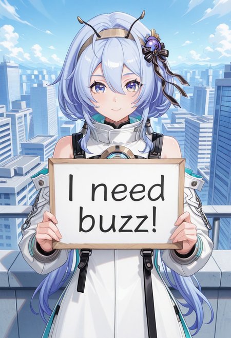 masterpiece, best quality, amazing quality, 8k, face focus,  face only,  looking at viewer, smile, 1girl, need_buzz, holding sign, solo, <lora:Yugiri_IL:1>, yugiri, blue eyes, bangs, blue hair,  hair between eyes,  twintails, antennae,hairband, white dress, white cyber city, On the roof,  sky,