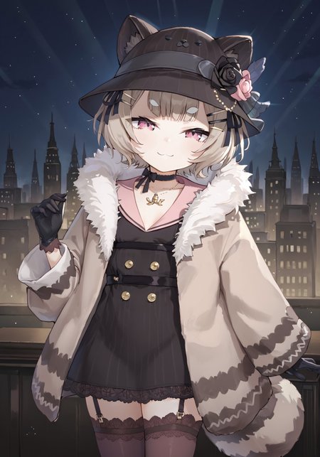 1girl, solo, solo focus, highres, absurdres, FamigliaPanko, short hair, raccoon ears, 

black choker, long sleeves, bangs, hair ornament, hairclip, raccoon tail, animal hat, black dress, brown thighhighs, pink eyes, brown hair, fur-trimmed coat, animal ear fluff, black ribbon, hat flower, sleeves past wrists, black headwear, black gloves, pink sailor collar, hair ribbon, jacket, collarbone, garter straps, necklace, thick eyebrows, small breasts, striped tail, double-breasted, buttons,

looking at viewer, hand up, hand to own face, smug,

cityscape, neon lights, dark, night, night sky, 

light particles, backlighting, shade, light rays, lens flare, shiny skin, fine fabric emphasis,