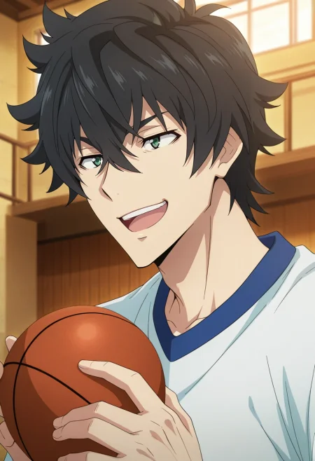masterpiece, best quality, intricate details, anime screencap, , official style, , 1boy, solo, male focus, <lora:naofumi_iwatani_ilxl:0.94>, naofumi_iwatani, black hair, green eyes, short hair, hair between eyes, bangs, , focused, gym, dawn, holding object, laughing,