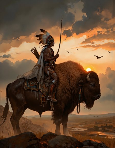 . A digital illustration shoot from the side about a warrior riding a bison in a dramatic landscape during sunset. the image also shows a rocky terrain with a few birds flying in the sky. on the middle of the image, a warrior, who appears to be in his late 20s, is sitting on the back of a large, furry bison. the warrior is wearing a feathered headdress and holding a bow and arrow. the bison is adorned with intricate patterns and has horns. the background features a dramatic sunset with a cloudy sky and a distant landscape. the lighting is dramatic, casting a warm glow over the scene.