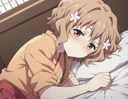 score_9, score_8_up, score_7_up, source_anime,
ohanamatsumae, <lora:ohana-matsumae-s1-ponyxl-lora-nochekaiser:1>,
ohana matsumae, short hair, brown hair, hair ornament, brown eyes, flower, hair flower,
japanese clothes, kimono, apron, sleeves rolled up,
indoors, bed, bed room, on side, blush, drunk,
looking at viewer, cowboy shot, solo, dutch angle,